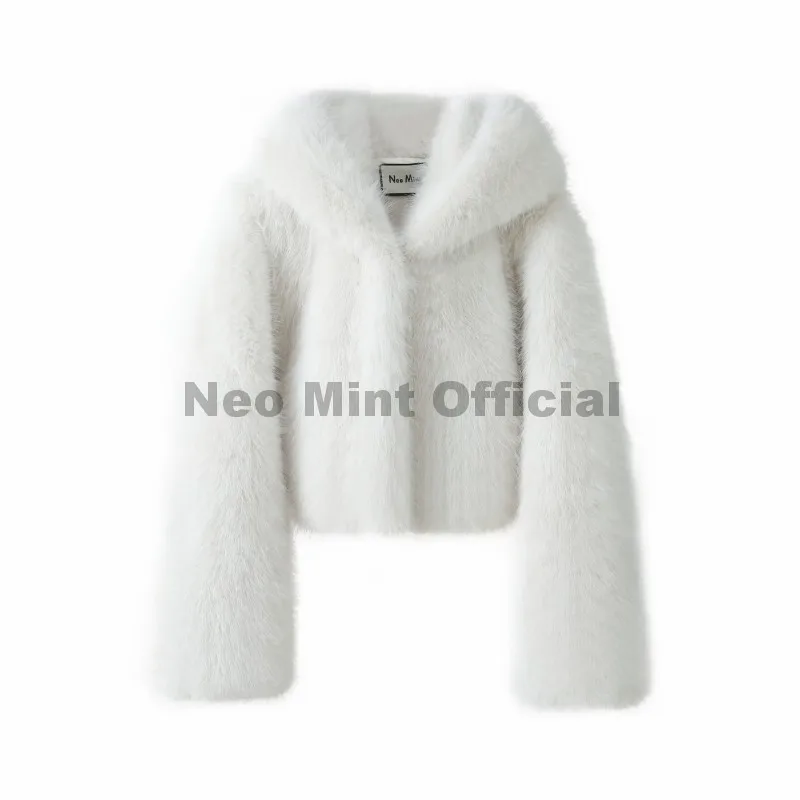 Neo Mint Winter 2025 Pure White Mountain Fashion Hooded Cropped Faux Fur Coat Women Fluffy Eco Fox Fur Jacket Girls Hot Overcoat