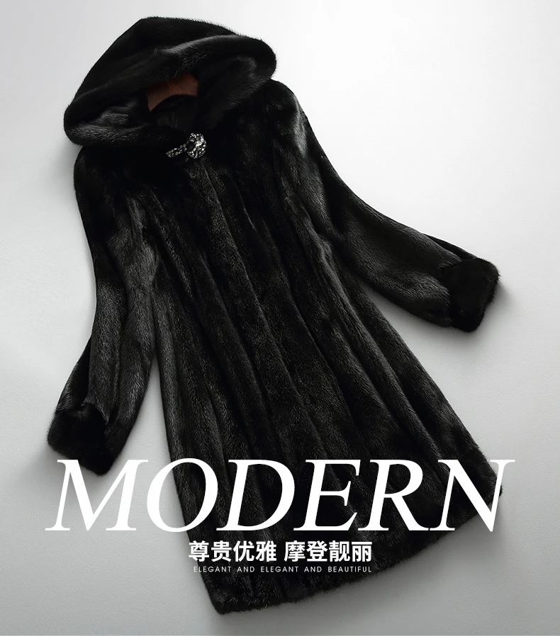 Lautaro Winter Luxury Long Black Faux Mink Fur Coat Women with Hood Long Sleeve Elegant Thick Warm Fluffy Furry Jacket 6xl 7xl