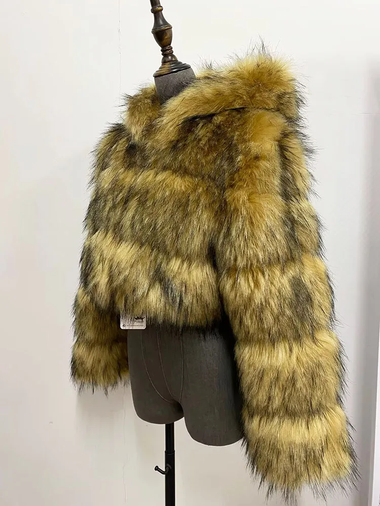 ZADORIN High Quality Cropped Faux Raccoon Fur Coat Woman Winter Fashion O Neck Long Sleeve Fluffy Short Faux Fur Jacket Crop Top