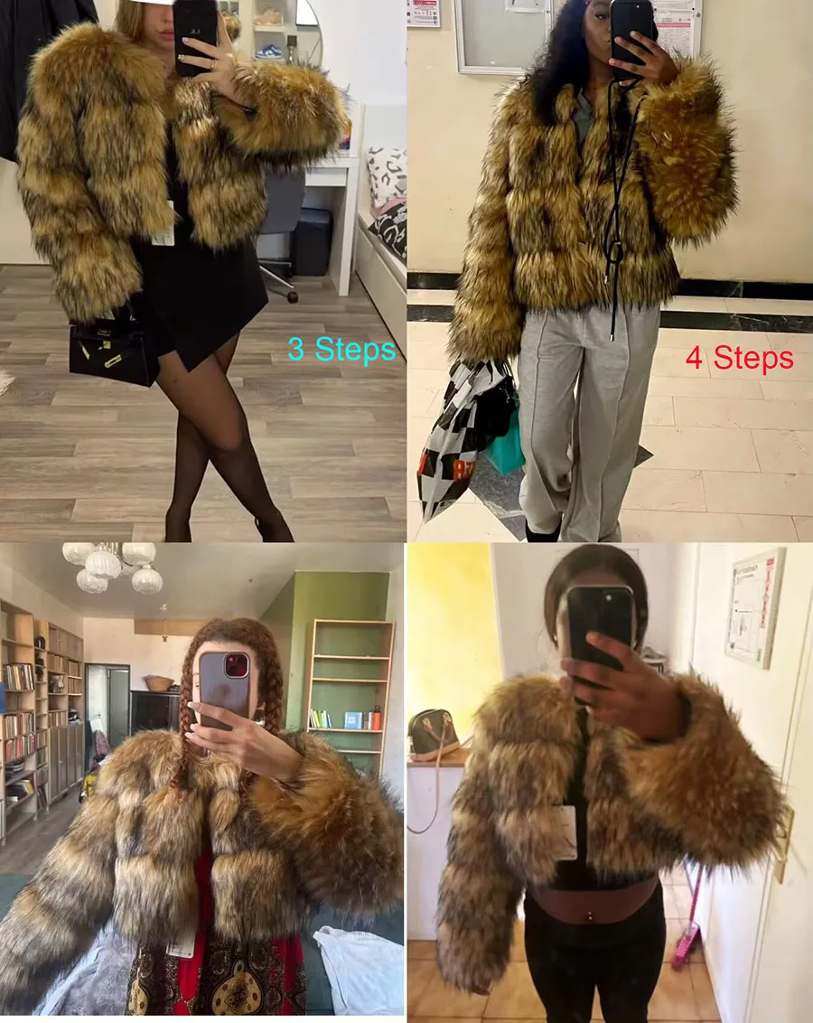 ZADORIN High Quality Cropped Faux Raccoon Fur Coat Woman Winter Fashion O Neck Long Sleeve Fluffy Short Faux Fur Jacket Crop Top