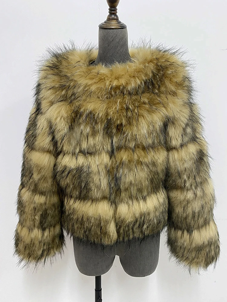 ZADORIN High Quality Cropped Faux Raccoon Fur Coat Woman Winter Fashion O Neck Long Sleeve Fluffy Short Faux Fur Jacket Crop Top