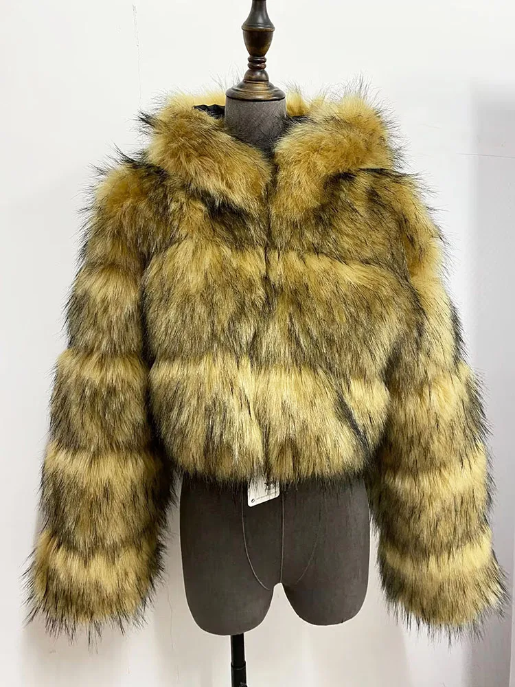 ZADORIN High Quality Cropped Faux Raccoon Fur Coat Woman Winter Fashion O Neck Long Sleeve Fluffy Short Faux Fur Jacket Crop Top