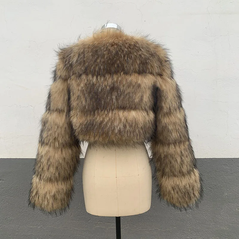 ZADORIN High Quality Cropped Faux Raccoon Fur Coat Woman Winter Fashion O Neck Long Sleeve Fluffy Short Faux Fur Jacket Crop Top