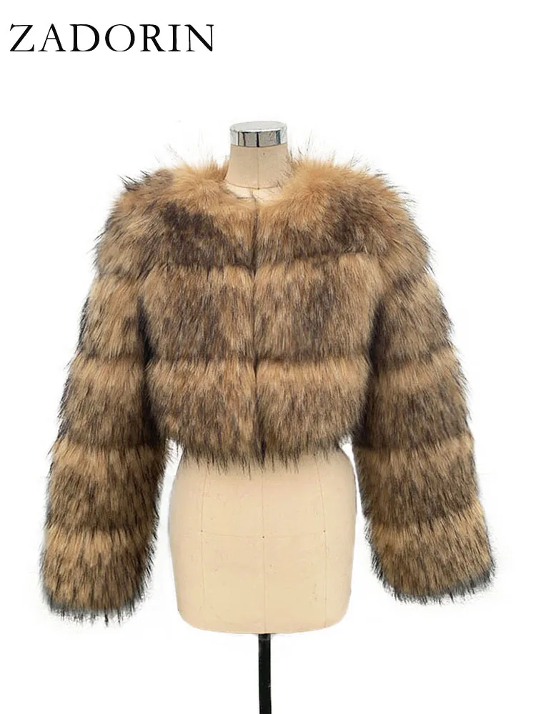 ZADORIN High Quality Cropped Faux Raccoon Fur Coat Woman Winter Fashion O Neck Long Sleeve Fluffy Short Faux Fur Jacket Crop Top