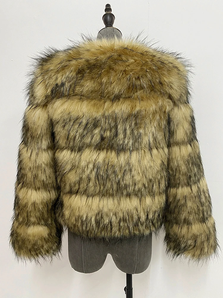 ZADORIN High Quality Cropped Faux Raccoon Fur Coat Woman Winter Fashion O Neck Long Sleeve Fluffy Short Faux Fur Jacket Crop Top