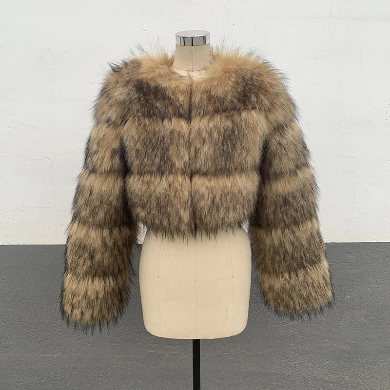 ZADORIN High Quality Cropped Faux Raccoon Fur Coat Woman Winter Fashion O Neck Long Sleeve Fluffy Short Faux Fur Jacket Crop Top