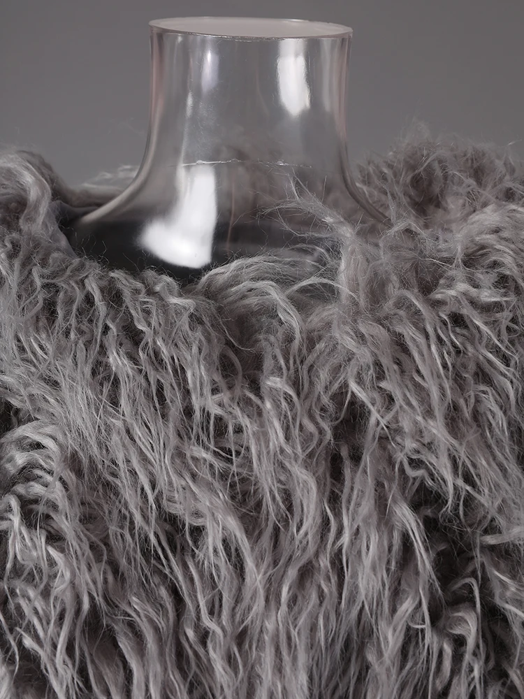 DEAT Fashion Gray Imitation Mongolia Sheep Fur Coat Women's Round Neck Long Sleeves Thick Plush Jacket Winter New