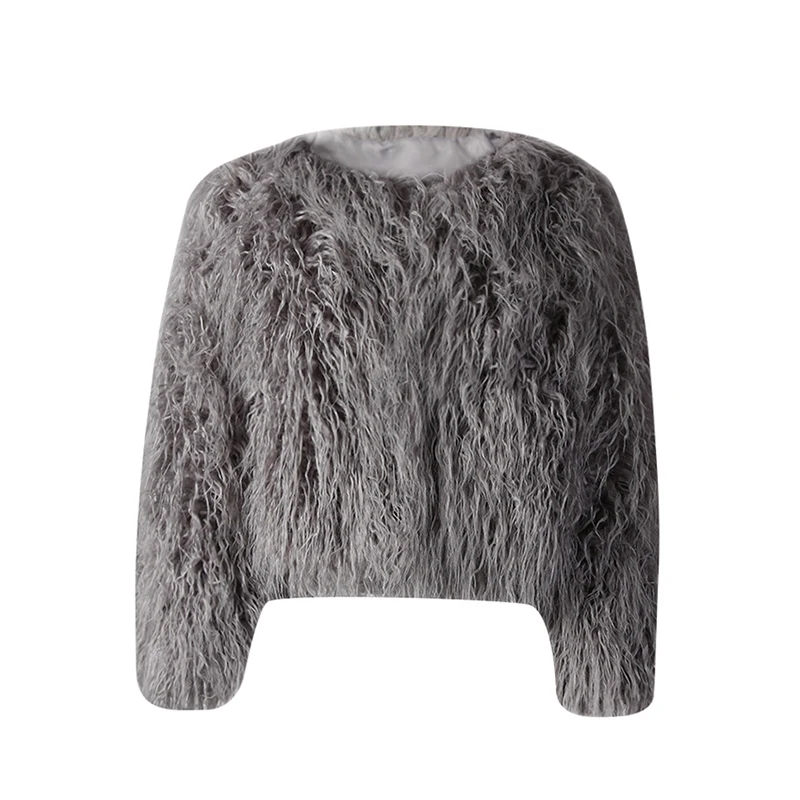 DEAT Fashion Gray Imitation Mongolia Sheep Fur Coat Women's Round Neck Long Sleeves Thick Plush Jacket Winter New