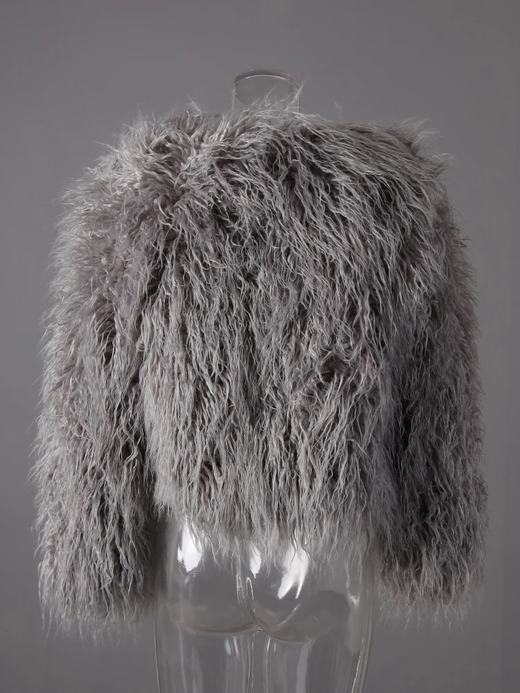 DEAT Fashion Gray Imitation Mongolia Sheep Fur Coat Women's Round Neck Long Sleeves Thick Plush Jacket Winter New