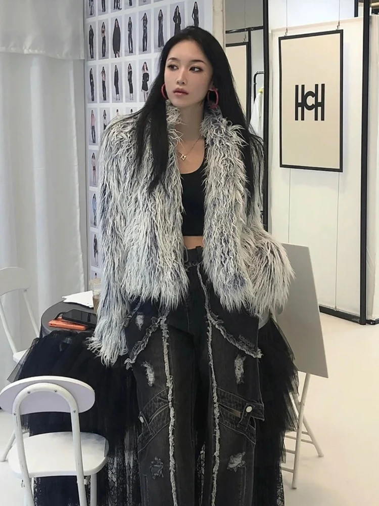 DEAT Fashion Gray Imitation Mongolia Sheep Fur Coat Women's Round Neck Long Sleeves Thick Plush Jacket Winter New
