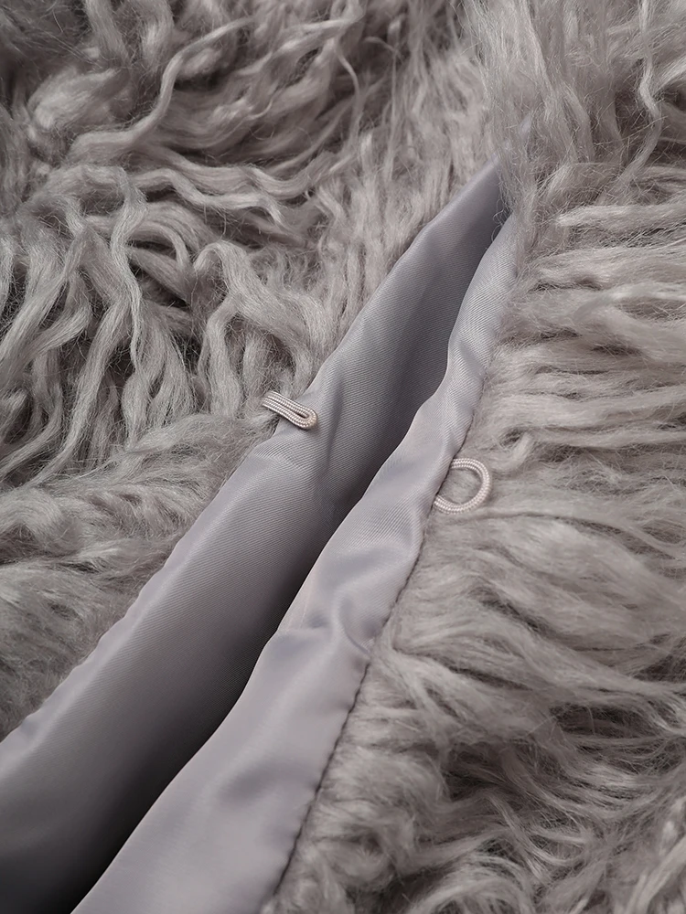 DEAT Fashion Gray Imitation Mongolia Sheep Fur Coat Women's Round Neck Long Sleeves Thick Plush Jacket Winter New