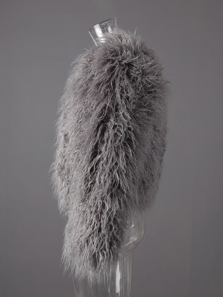 DEAT Fashion Gray Imitation Mongolia Sheep Fur Coat Women's Round Neck Long Sleeves Thick Plush Jacket Winter New