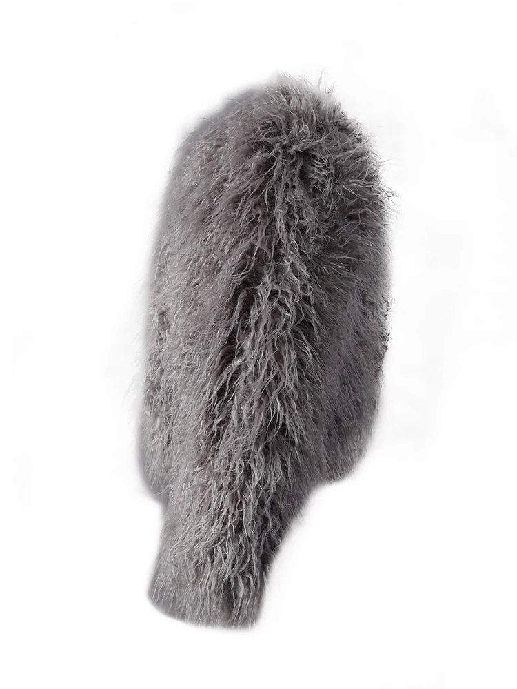 DEAT Fashion Gray Imitation Mongolia Sheep Fur Coat Women's Round Neck Long Sleeves Thick Plush Jacket Winter New