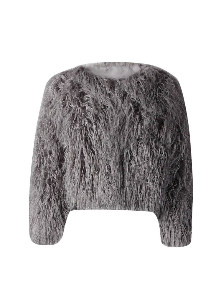 DEAT Fashion Gray Imitation Mongolia Sheep Fur Coat Women's Round Neck Long Sleeves Thick Plush Jacket Winter New