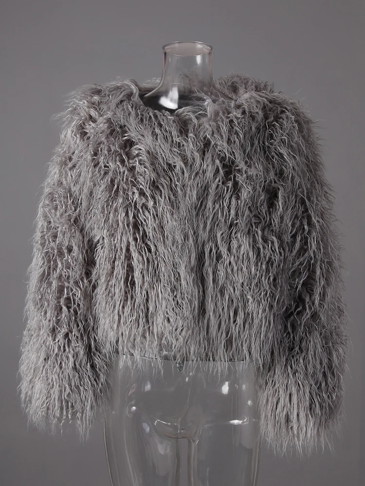DEAT Fashion Gray Imitation Mongolia Sheep Fur Coat Women's Round Neck Long Sleeves Thick Plush Jacket Winter New