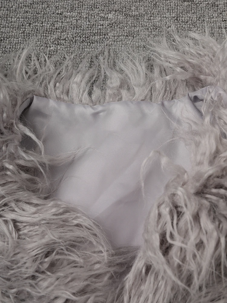 DEAT Fashion Gray Imitation Mongolia Sheep Fur Coat Women's Round Neck Long Sleeves Thick Plush Jacket Winter New