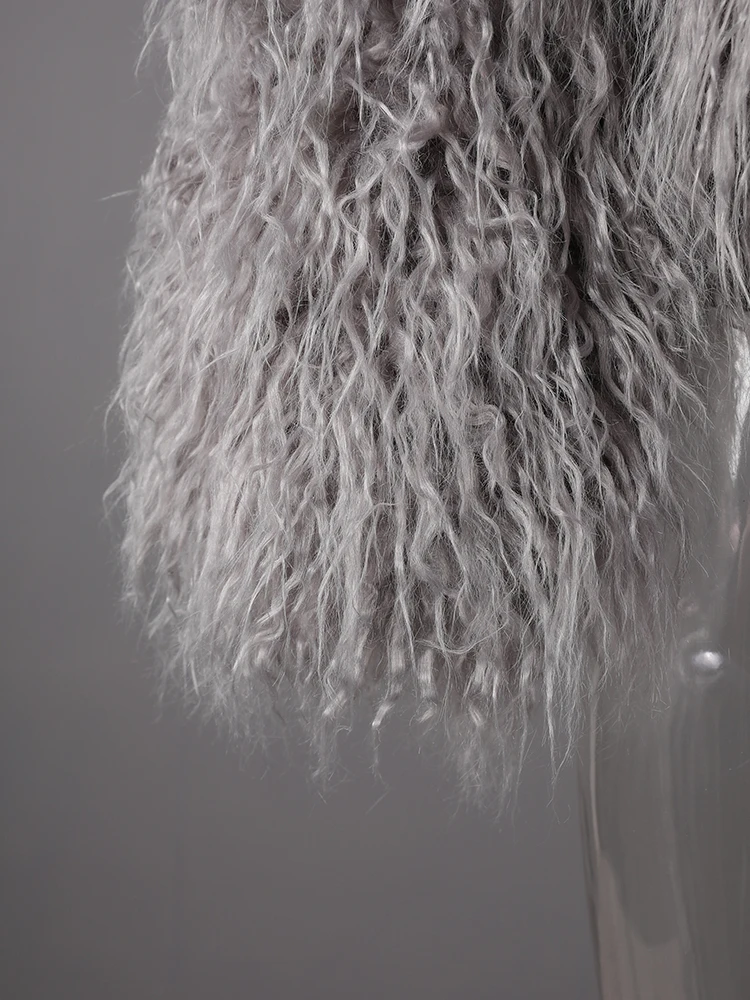 DEAT Fashion Gray Imitation Mongolia Sheep Fur Coat Women's Round Neck Long Sleeves Thick Plush Jacket Winter New