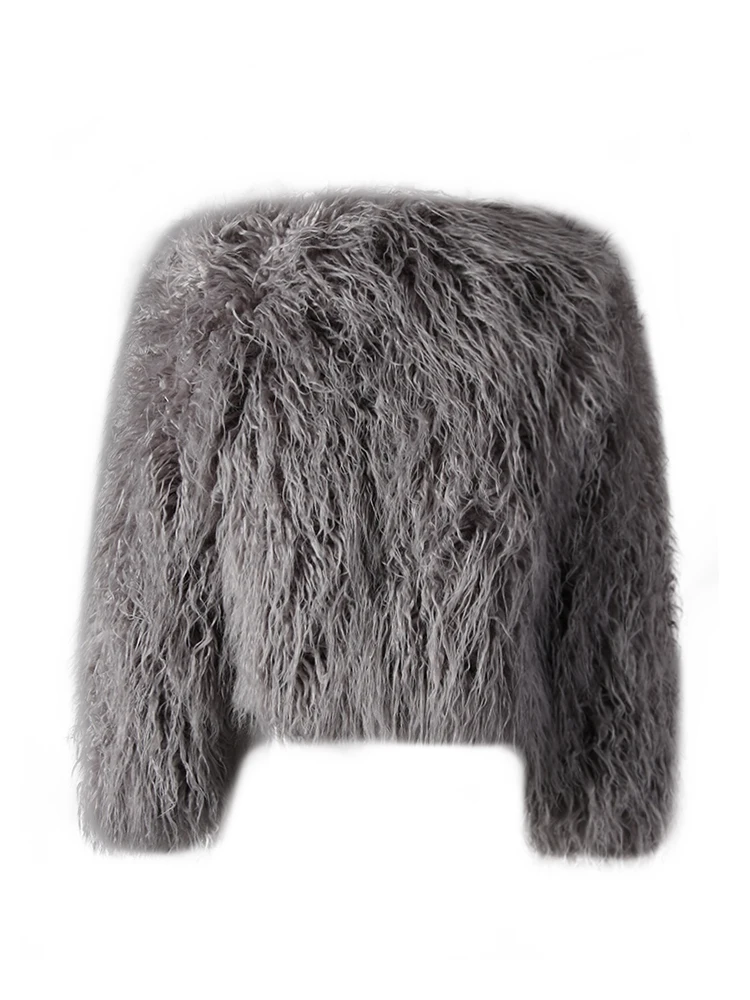 DEAT Fashion Gray Imitation Mongolia Sheep Fur Coat Women's Round Neck Long Sleeves Thick Plush Jacket Winter New