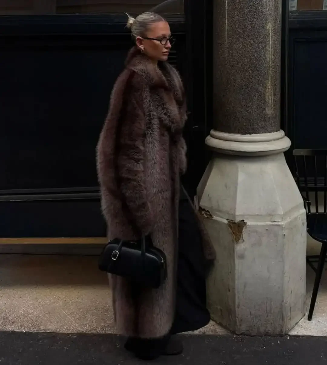 Chic Brown Faux Fur Overcoat Women Casual Luxury Lapel Long Sleeve Fluffy Coat Winter Female Thicken Warm High Street Outwear