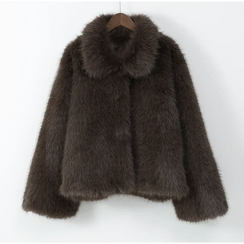 Chic Brown Faux Fur Overcoat Women Casual Luxury Lapel Long Sleeve Fluffy Coat Winter Female Thicken Warm High Street Outwear