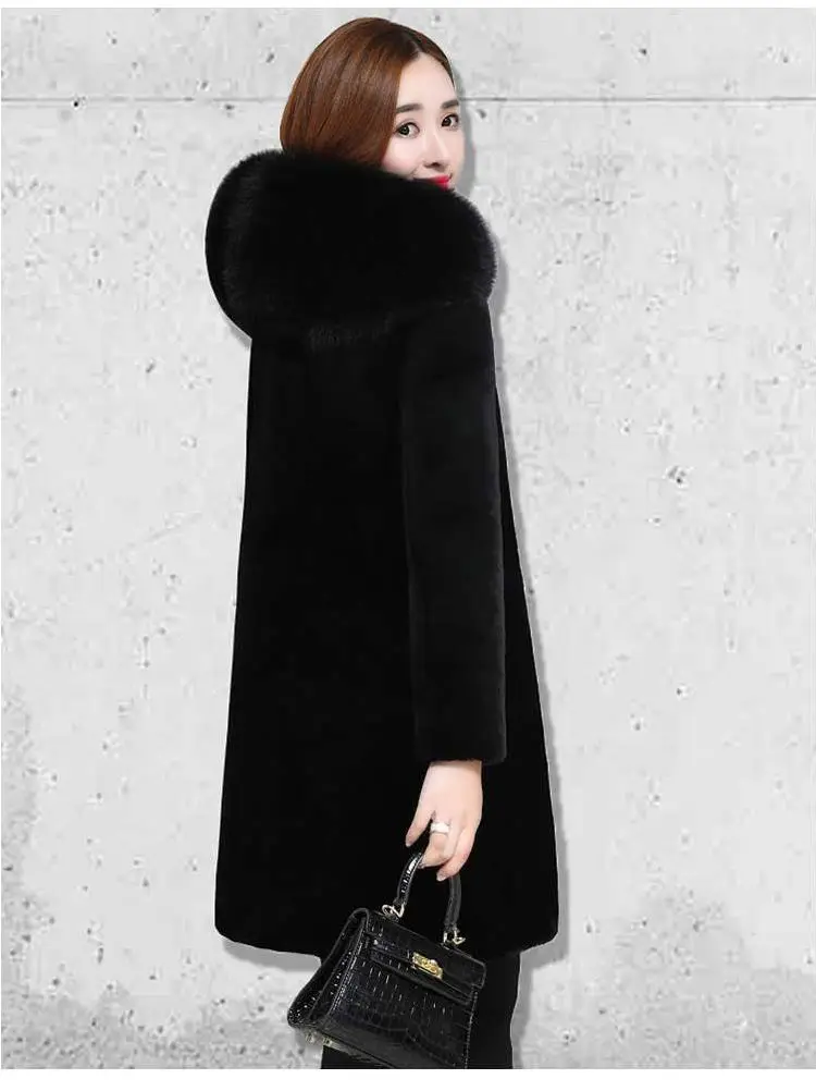 2025 New Winter Faux Fur Jacket Black Hooded Parkas Coat Thicken Ladies Warm Long Overcoat 5XL Windproof Snow Outerwear Female