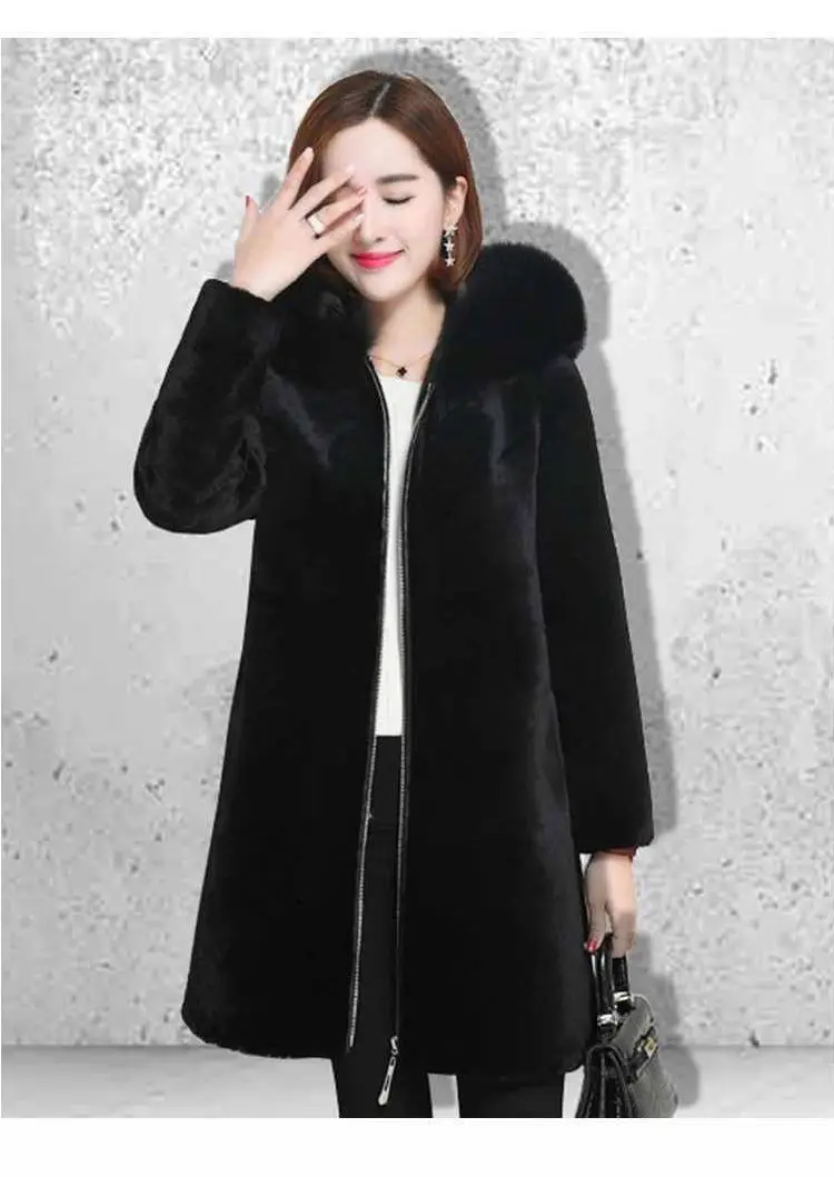 2025 New Winter Faux Fur Jacket Black Hooded Parkas Coat Thicken Ladies Warm Long Overcoat 5XL Windproof Snow Outerwear Female