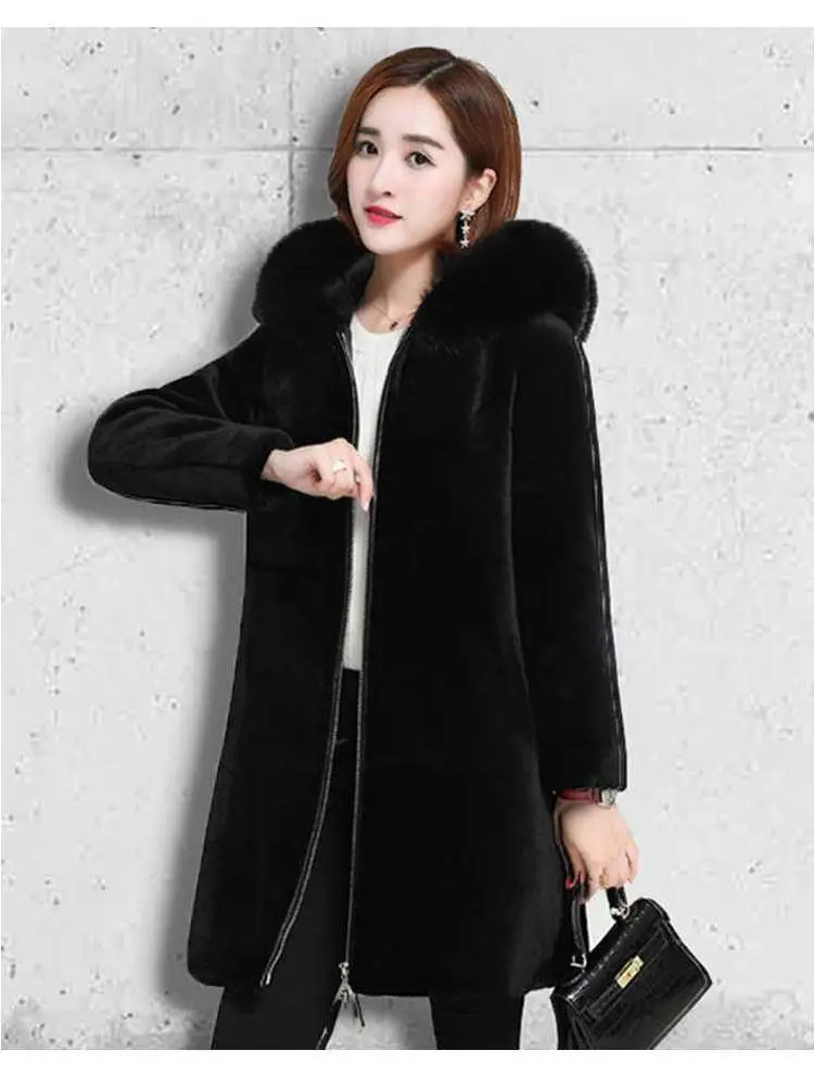 2025 New Winter Faux Fur Jacket Black Hooded Parkas Coat Thicken Ladies Warm Long Overcoat 5XL Windproof Snow Outerwear Female