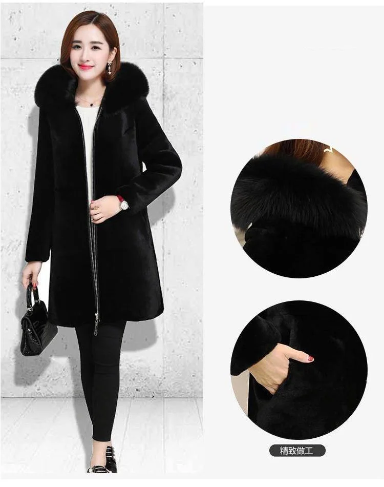 2025 New Winter Faux Fur Jacket Black Hooded Parkas Coat Thicken Ladies Warm Long Overcoat 5XL Windproof Snow Outerwear Female