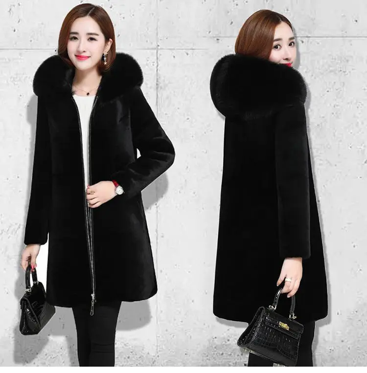 2025 New Winter Faux Fur Jacket Black Hooded Parkas Coat Thicken Ladies Warm Long Overcoat 5XL Windproof Snow Outerwear Female