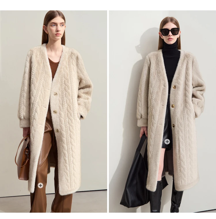 AMII Minimalist Fur Coats Woman 2026 Winter New Warm V-neck Pocket Women's Clothing Elegant Female Long Fur Outerwear 12424023