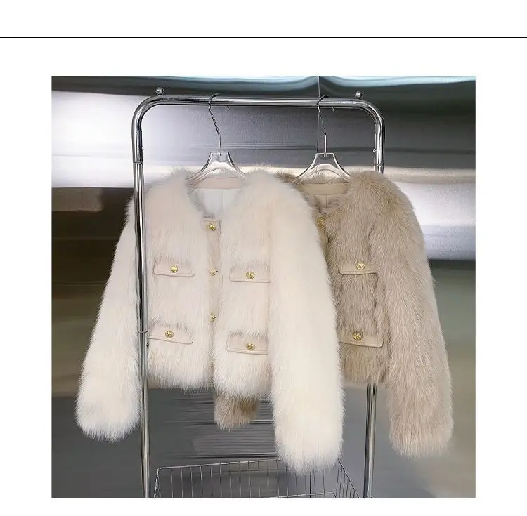 2026 Autumn Winter New Short Imitation Fox Fur Small Fragrant Fur Coat Women's Fashion Warm Single Breasted Round Neck Coats Top