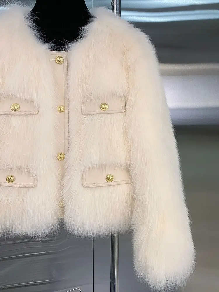 2026 Autumn Winter New Short Imitation Fox Fur Small Fragrant Fur Coat Women's Fashion Warm Single Breasted Round Neck Coats Top