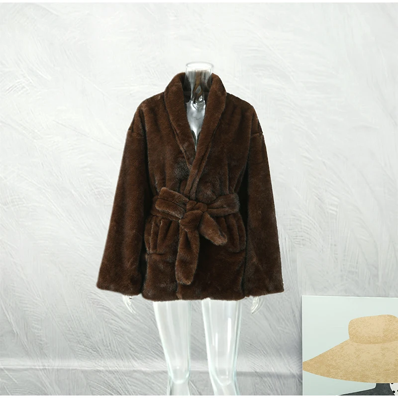 Elegant Lace Up Women Faux Fur Coat Fashion V-neck Long Sleeve Loose Plush Jacket 2025 Winter Lady Warm Daily Commute Outwear