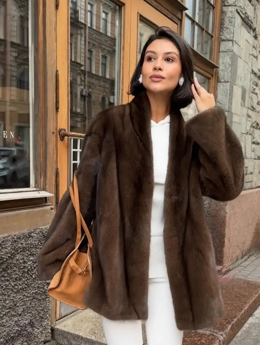 Elegant Lace Up Women Faux Fur Coat Fashion V-neck Long Sleeve Loose Plush Jacket 2025 Winter Lady Warm Daily Commute Outwear