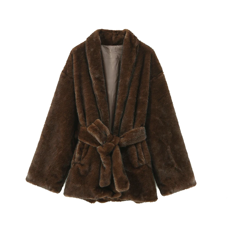 Elegant Lace Up Women Faux Fur Coat Fashion V-neck Long Sleeve Loose Plush Jacket 2025 Winter Lady Warm Daily Commute Outwear