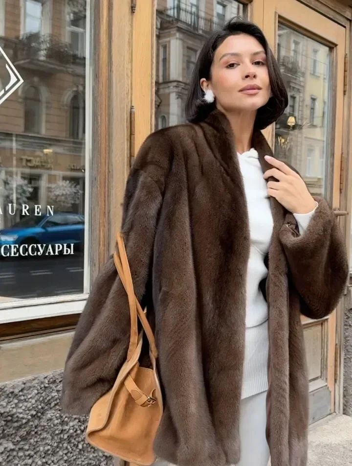 Elegant Lace Up Women Faux Fur Coat Fashion V-neck Long Sleeve Loose Plush Jacket 2025 Winter Lady Warm Daily Commute Outwear