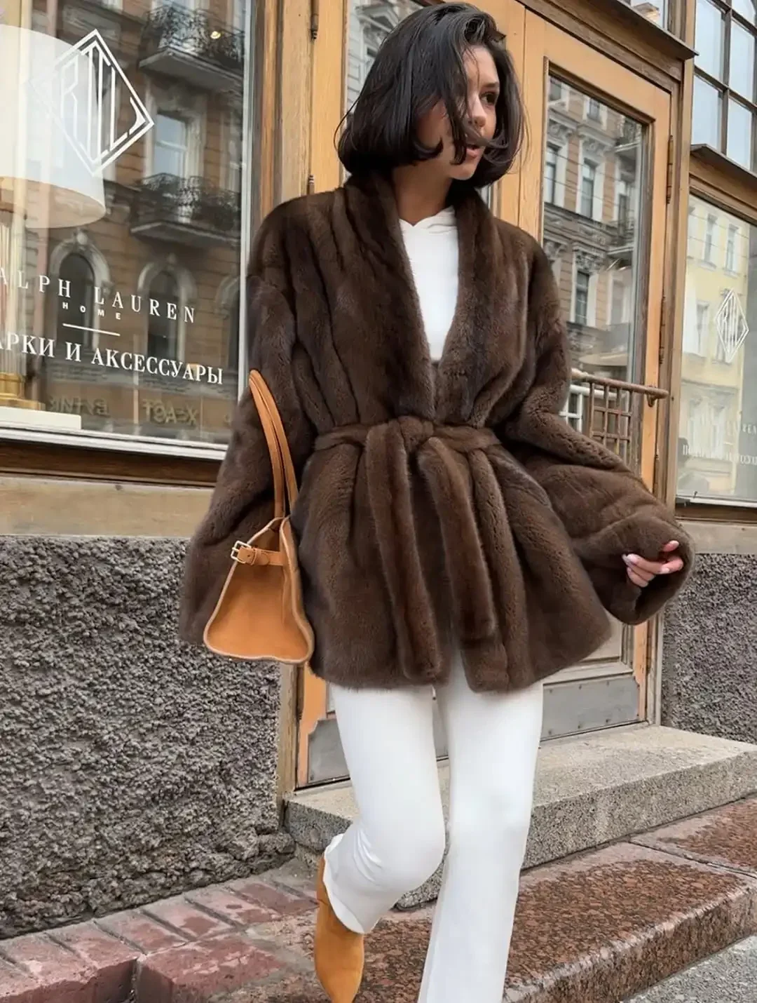 Elegant Lace Up Women Faux Fur Coat Fashion V-neck Long Sleeve Loose Plush Jacket 2025 Winter Lady Warm Daily Commute Outwear