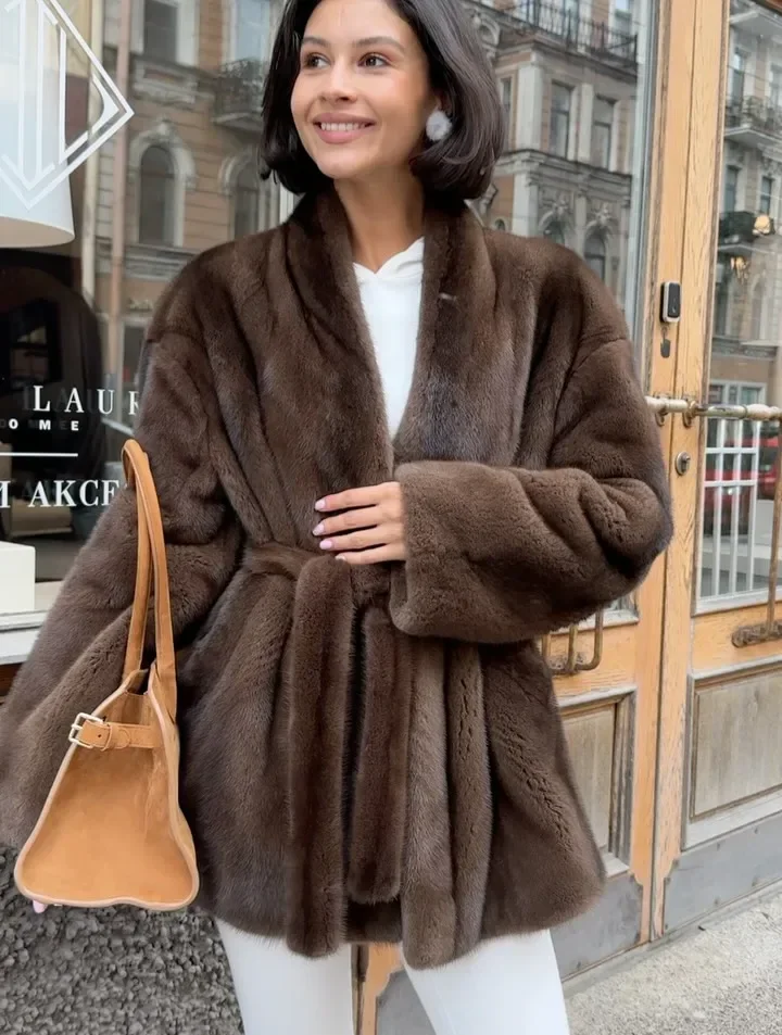 Elegant Lace Up Women Faux Fur Coat Fashion V-neck Long Sleeve Loose Plush Jacket 2025 Winter Lady Warm Daily Commute Outwear