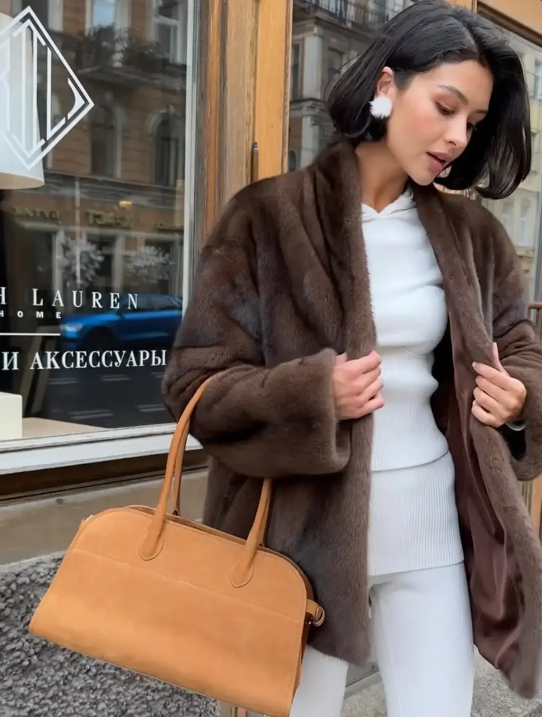Elegant Lace Up Women Faux Fur Coat Fashion V-neck Long Sleeve Loose Plush Jacket 2025 Winter Lady Warm Daily Commute Outwear