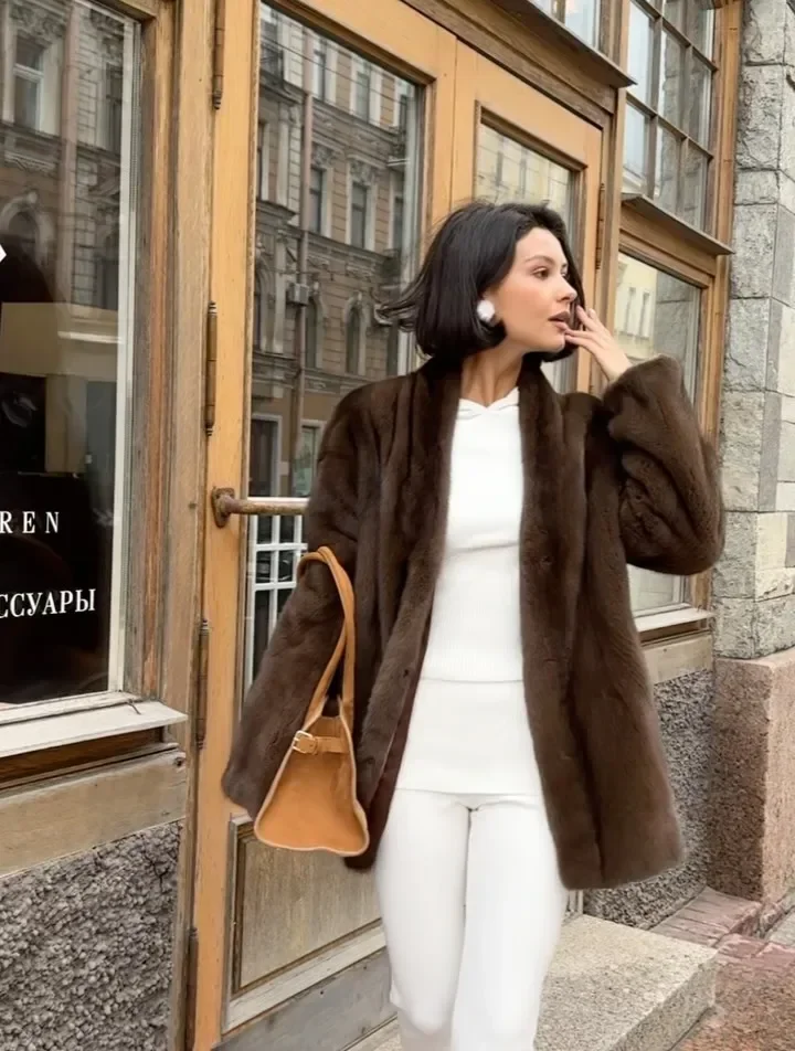 Elegant Lace Up Women Faux Fur Coat Fashion V-neck Long Sleeve Loose Plush Jacket 2025 Winter Lady Warm Daily Commute Outwear
