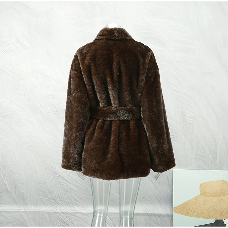 Elegant Lace Up Women Faux Fur Coat Fashion V-neck Long Sleeve Loose Plush Jacket 2025 Winter Lady Warm Daily Commute Outwear