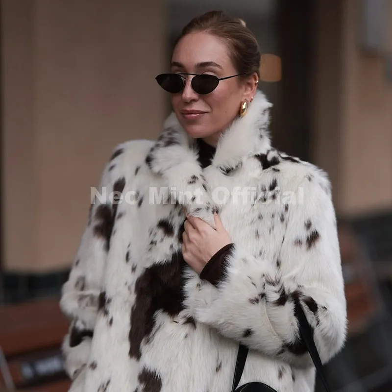 Neo Mint New 2025 Luxury Hot Brand Fashion Cow Print Long Faux Fur Coat Jacket Women Winter Thick Warm Outerwear Fluffy Overcoat