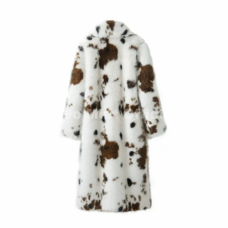 Neo Mint New 2025 Luxury Hot Brand Fashion Cow Print Long Faux Fur Coat Jacket Women Winter Thick Warm Outerwear Fluffy Overcoat