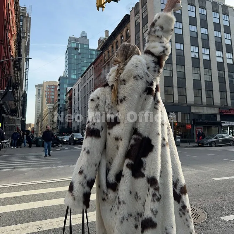 Neo Mint New 2025 Luxury Hot Brand Fashion Cow Print Long Faux Fur Coat Jacket Women Winter Thick Warm Outerwear Fluffy Overcoat