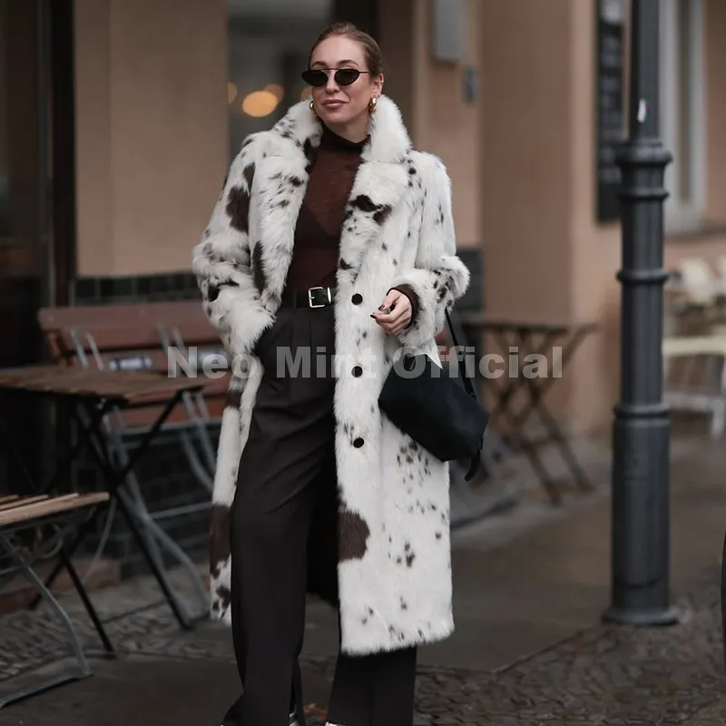 Neo Mint New 2025 Luxury Hot Brand Fashion Cow Print Long Faux Fur Coat Jacket Women Winter Thick Warm Outerwear Fluffy Overcoat