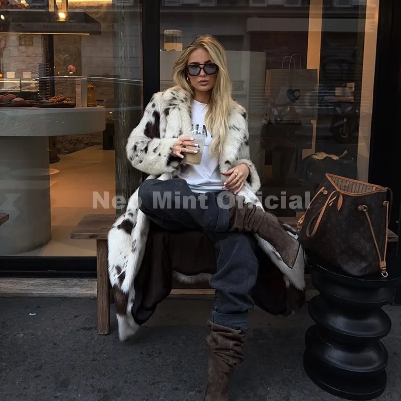 Neo Mint New 2025 Luxury Hot Brand Fashion Cow Print Long Faux Fur Coat Jacket Women Winter Thick Warm Outerwear Fluffy Overcoat