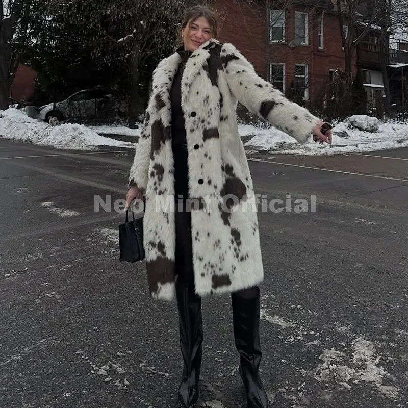 Neo Mint New 2025 Luxury Hot Brand Fashion Cow Print Long Faux Fur Coat Jacket Women Winter Thick Warm Outerwear Fluffy Overcoat