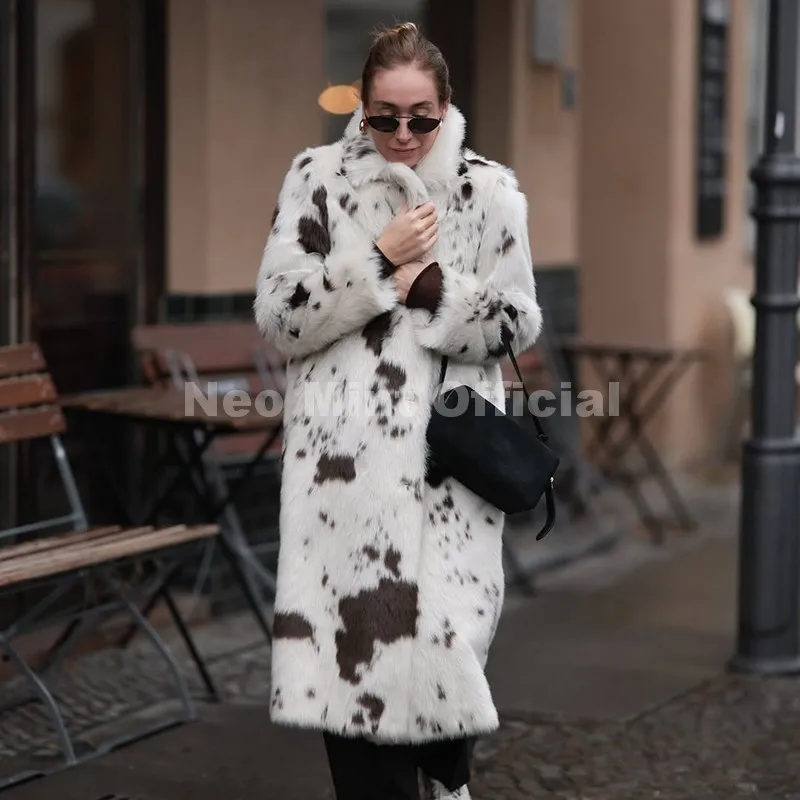 Neo Mint New 2025 Luxury Hot Brand Fashion Cow Print Long Faux Fur Coat Jacket Women Winter Thick Warm Outerwear Fluffy Overcoat