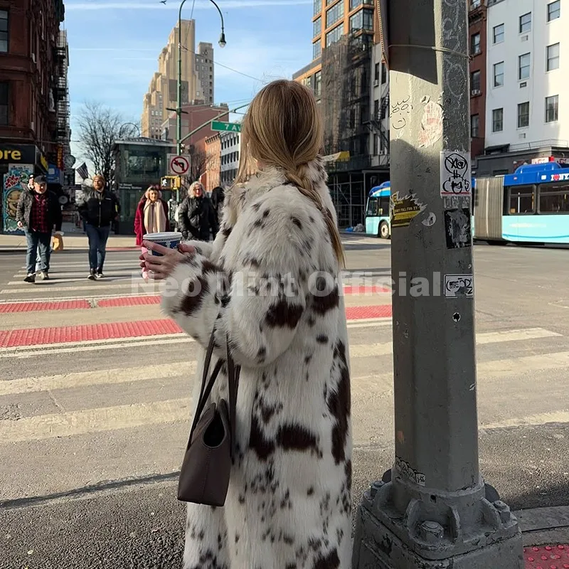 Neo Mint New 2025 Luxury Hot Brand Fashion Cow Print Long Faux Fur Coat Jacket Women Winter Thick Warm Outerwear Fluffy Overcoat