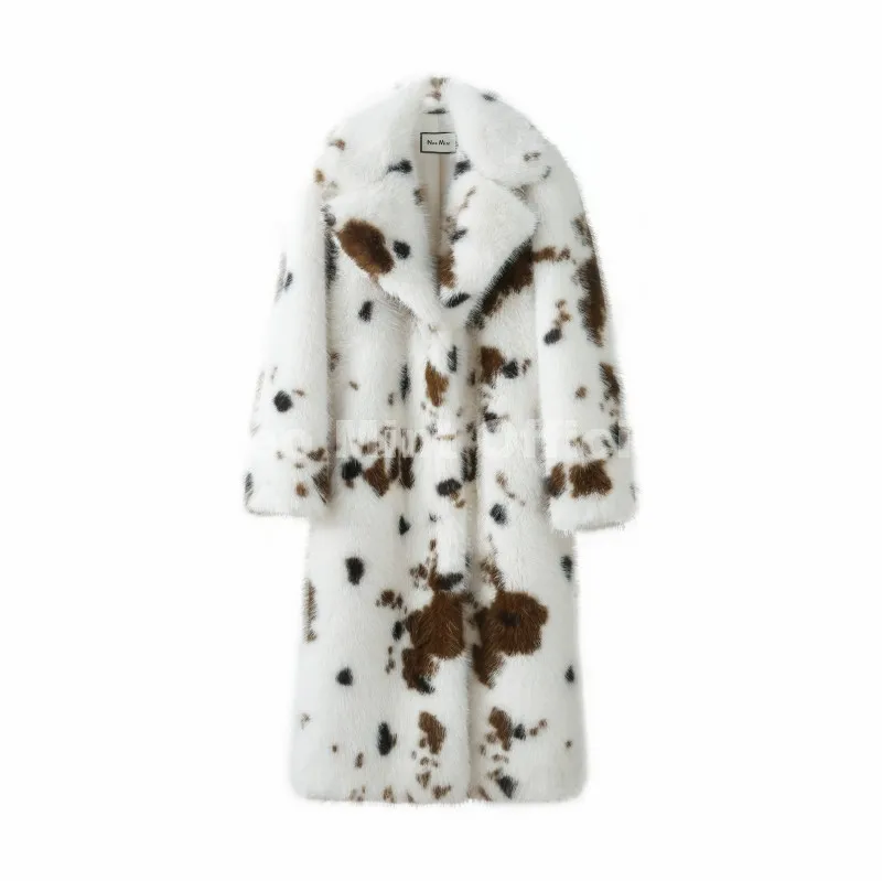 Neo Mint New 2025 Luxury Hot Brand Fashion Cow Print Long Faux Fur Coat Jacket Women Winter Thick Warm Outerwear Fluffy Overcoat